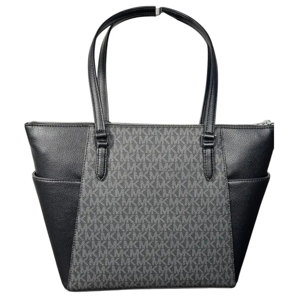 Michael Kors Charlotte Signature Logo Tote Bag Large Black Leather Zip‎ Top NWT